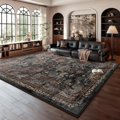Large Black Persian-Style Living Room Rug, Exquisitely Patterned Faux Cashmere, Soft, Slip-Resistant, Durable, Machine Washable - Ideal for Living Rooms, Bedrooms, Dorms, Entryways, and Home Decor