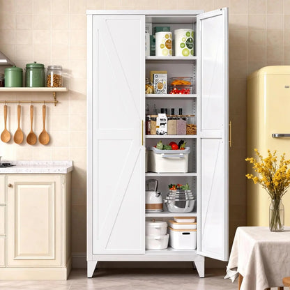 75" H Metal Pantry Storage Cabinet with Doors,Farmhouse Kitchen Pantry Cabinet with 5 Adjustable Shelves for Kitchen, Living Room,Assemble Required,White,15.75" D X 31.5" W X 75.3" H