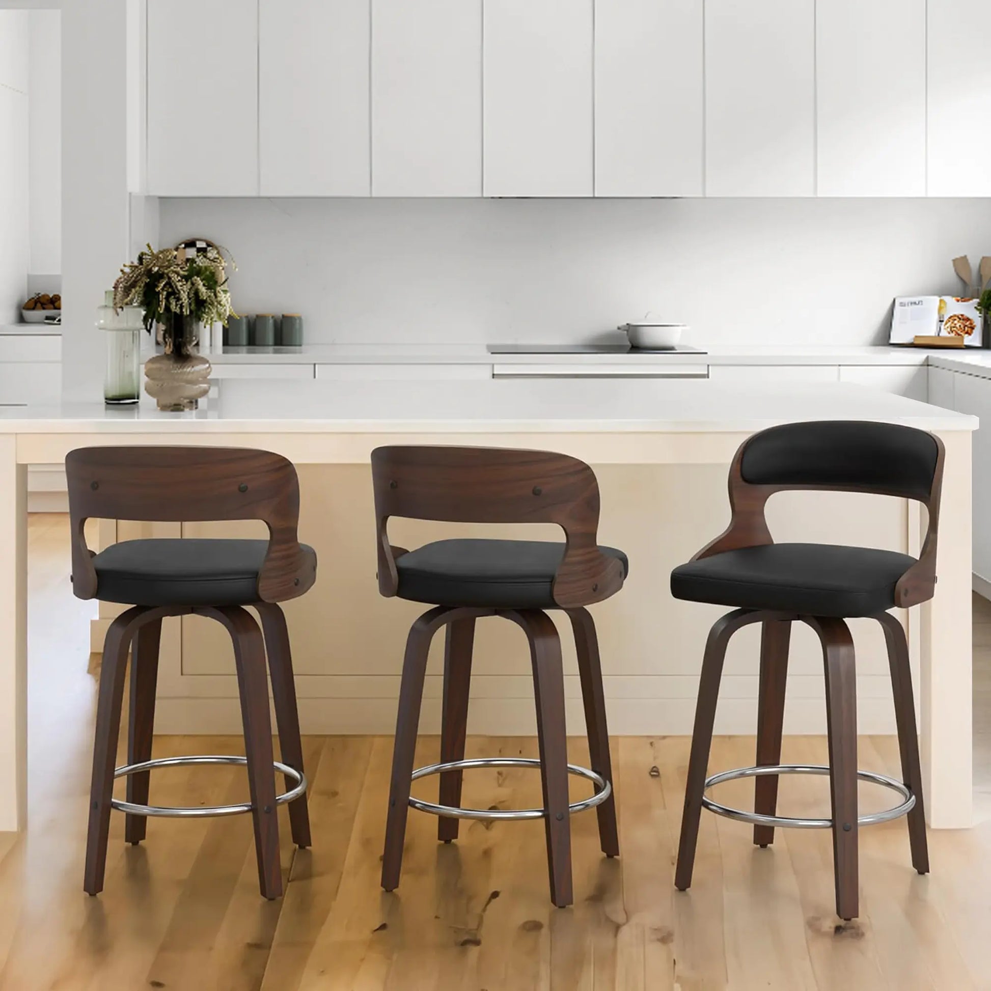 Counter Height Bar Stools Set - Mid-Century Modern Swivel Design with Bentwood Legs and Leather Upholstery, 360° Rotation, Available in Stylish Gray, Beige, Black, and White for Kitchen, Home Bar, or Restaurant