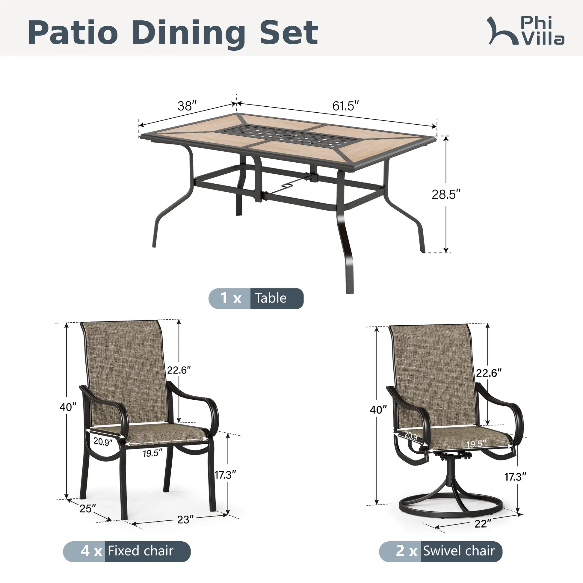 Phivilla Rectangular Outdoor Dining Table Set with 1.6"-2" Adjustable Umbrella Hole, 6 Person Patio Table for Outdoor, Rectangle Patio Table with Faux Wood Tabletop and Metal Steel Frame