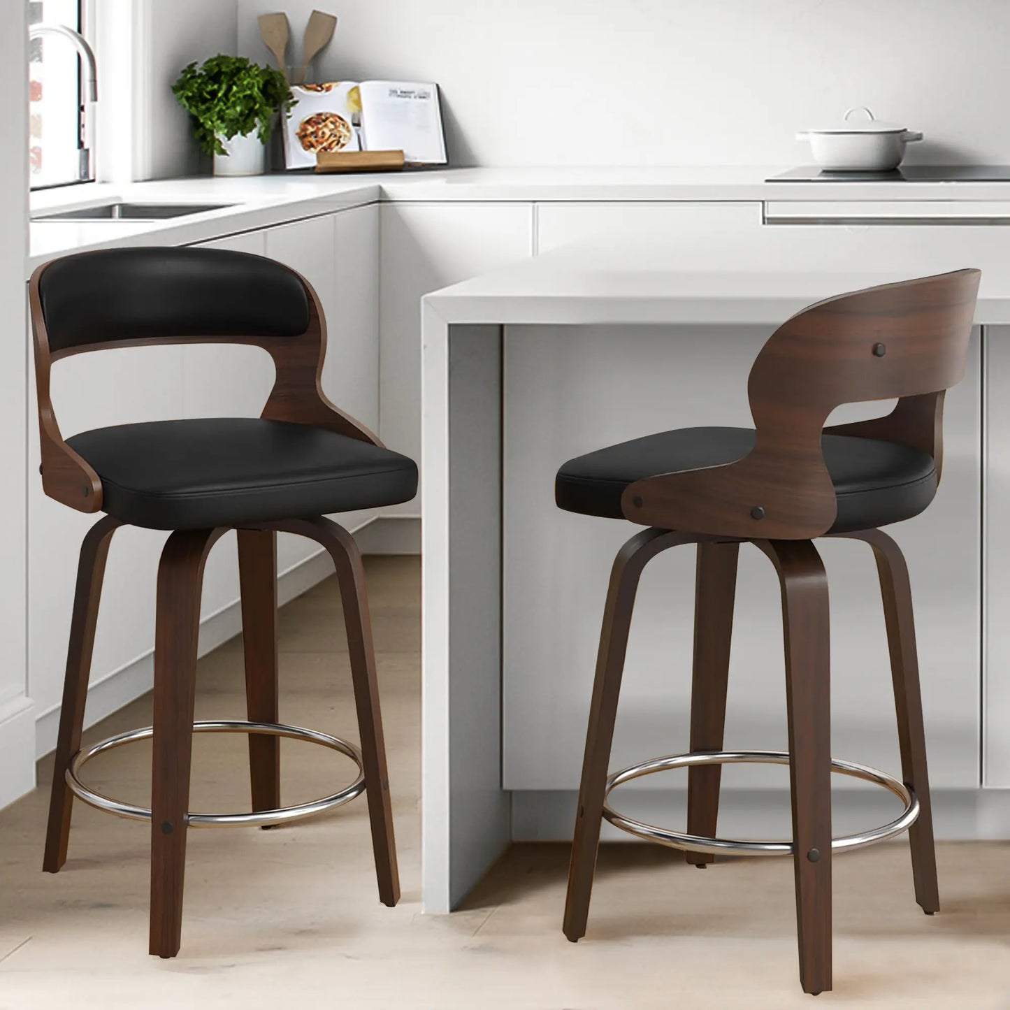 Counter Height Bar Stools Set - Mid-Century Modern Swivel Design with Bentwood Legs and Leather Upholstery, 360° Rotation, Available in Stylish Gray, Beige, Black, and White for Kitchen, Home Bar, or Restaurant