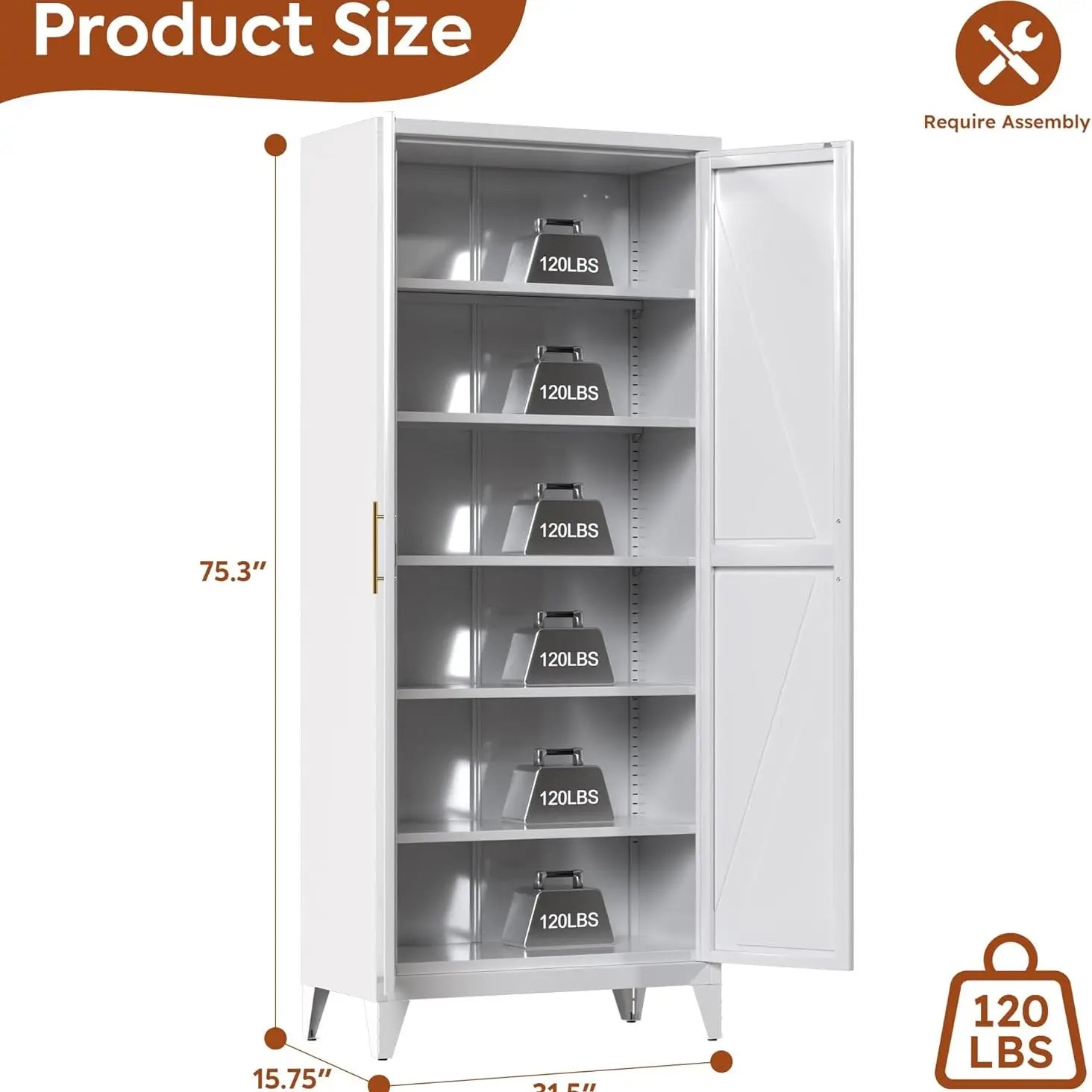 75" H Metal Pantry Storage Cabinet with Doors,Farmhouse Kitchen Pantry Cabinet with 5 Adjustable Shelves for Kitchen, Living Room,Assemble Required,White,15.75" D X 31.5" W X 75.3" H