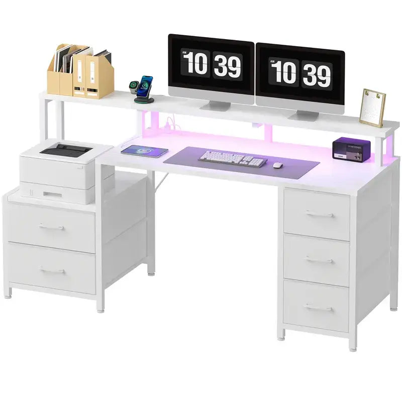 Sweetcrispy 67'' Computer Gaming Desk with 5-Drawer Storage, Monitor Stand, LED Lights, Power Outlets and Printer Cabinet