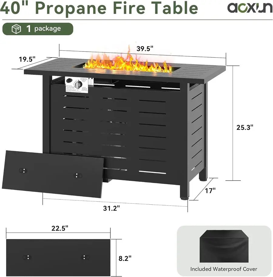 Aoxun 40 Inch Propane Fire Pit–50,000 BTU Gas Fire Pit Table with Removable Lid & Lava Rocks, Rectangle Firepit Table for Outside, Patio, Deck, Backyard, Black