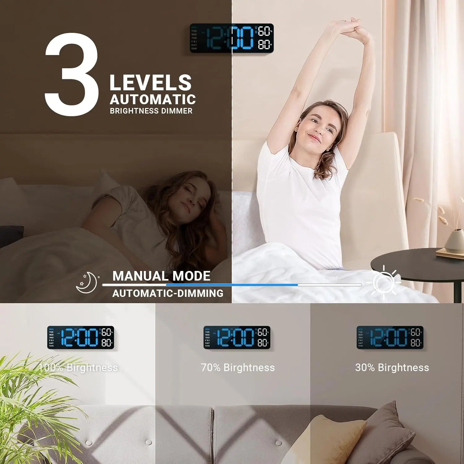 Bedroom Clock with Auto Dimming, 9.5 Inch Large LED Digital Clock with Temperature Humidity, Dual Alarm Clock with Snooze for Bedside, DST 12/24H Desk/Wall Clock Modern Home Decor for Bedroom & Office, Gifts for the Bedroom, Room Decor, Outdoorfun