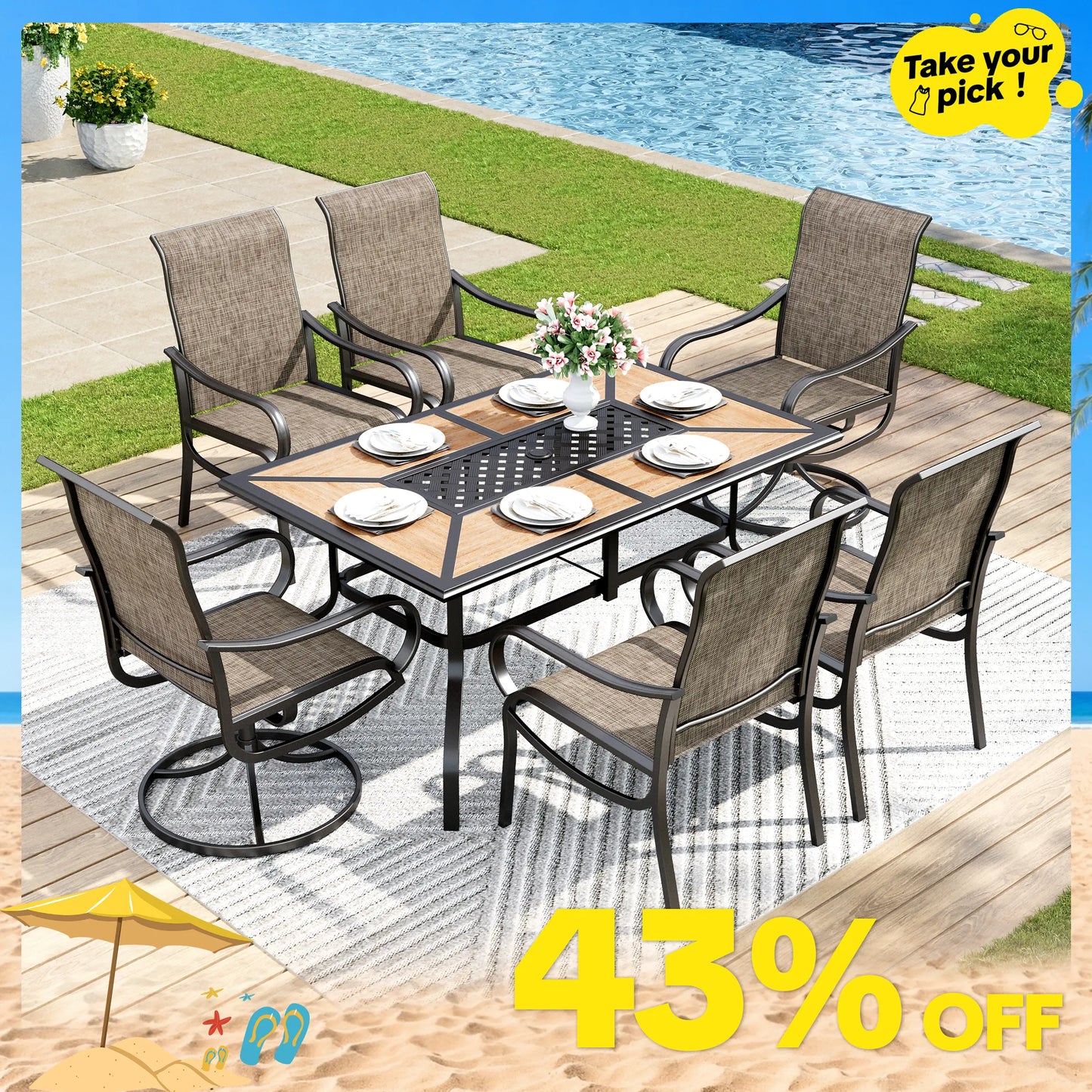 Phivilla Rectangular Outdoor Dining Table Set with 1.6"-2" Adjustable Umbrella Hole, 6 Person Patio Table for Outdoor, Rectangle Patio Table with Faux Wood Tabletop and Metal Steel Frame