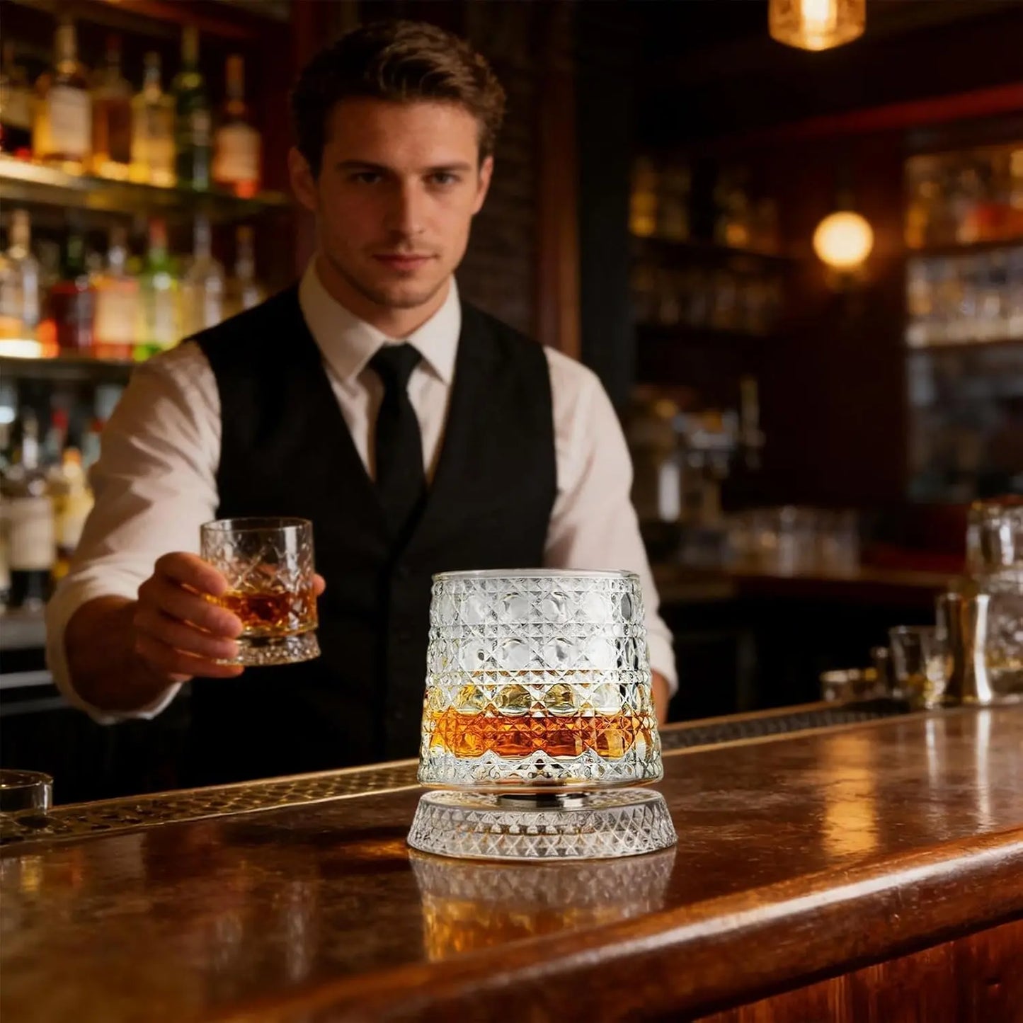 Luxury 360° Rotating Crystal Glass - Star-Cut Stress Relief Whiskey and Wine Glass, Sophisticated European Barware Gift