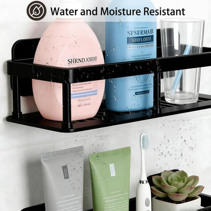 2-Pack Adhesive Wall-Mounted Floating Shelves with Hooks and Drainage Holes, Space-Saving Organizer for Bathroom, Kitchen, and Living Room (Black)
