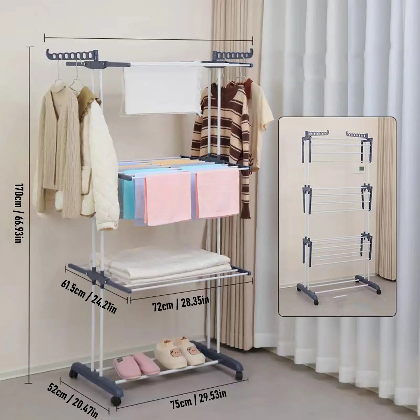Oversized 4 Tier Clothes Drying Rack 66.93In High Foldable Stainless Steel Laundry Drying Rack with 4 Castors 24 Pillars 14 Hooks for Bed Linen Rolling Organizer