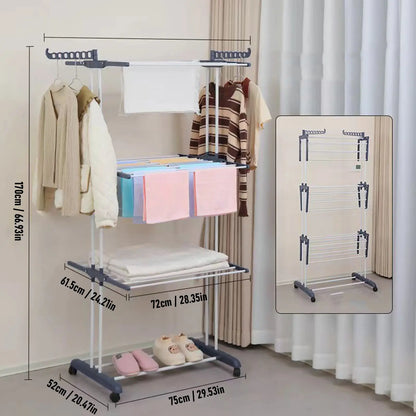 Oversized 4 Tier Clothes Drying Rack 66.93In High Foldable Stainless Steel Laundry Drying Rack with 4 Castors 24 Pillars 14 Hooks for Bed Linen Rolling Organizer