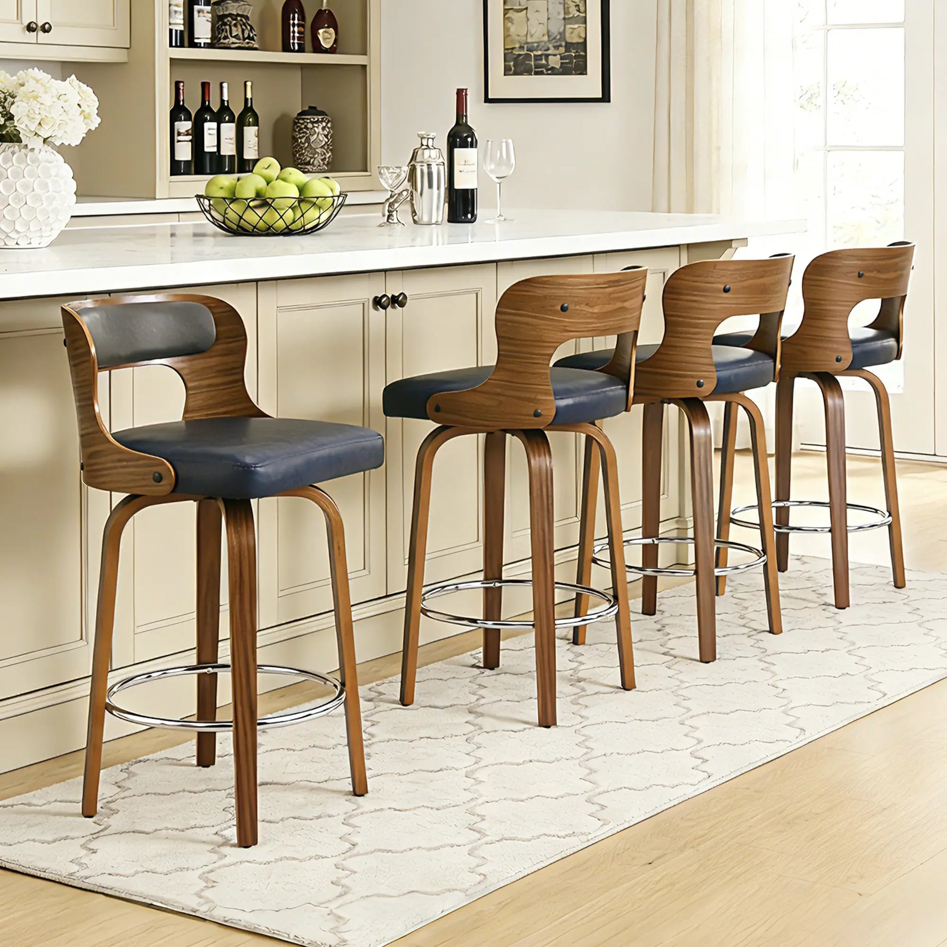 Counter Height Bar Stools Set - Mid-Century Modern Swivel Design with Bentwood Legs and Leather Upholstery, 360° Rotation, Available in Stylish Gray, Beige, Black, and White for Kitchen, Home Bar, or Restaurant