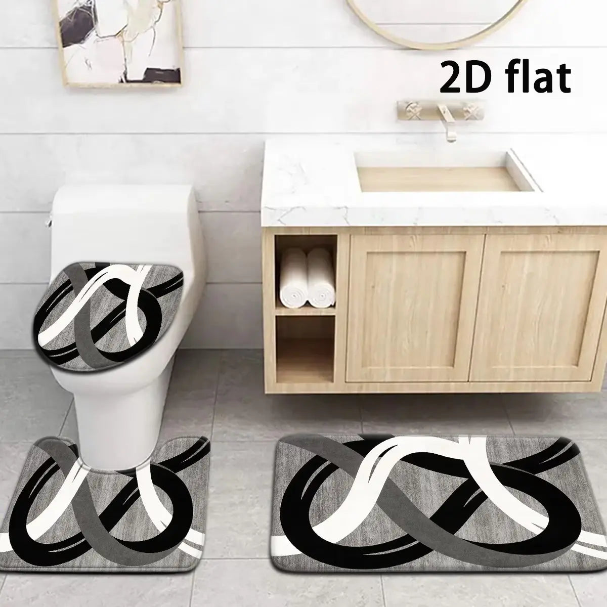 Abstract Geometric Non-Slip Bathroom Rug Set, 4-Piece Modern Black, White and Grey Contour Toilet Mats with U-Shaped Seat Cover, Absorbent and Washable Shower Floor Mats for Elegant Bathroom Decor