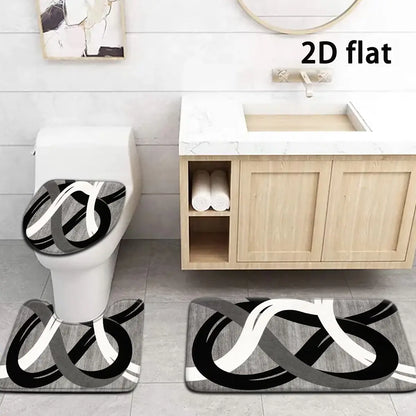 Abstract Geometric Non-Slip Bathroom Rug Set, 4-Piece Modern Black, White and Grey Contour Toilet Mats with U-Shaped Seat Cover, Absorbent and Washable Shower Floor Mats for Elegant Bathroom Decor