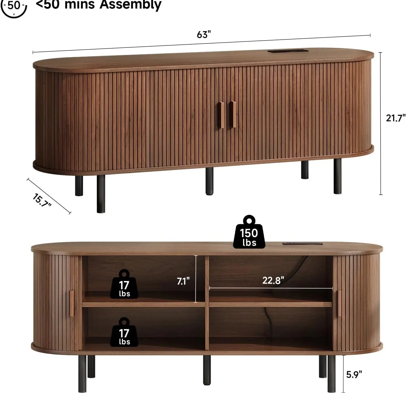 【Categoryselect】Onbrill Mid-Century Modern Wooden TV Stand - 55/63/69 In, Fluted Look, Power Outlets, Sliding Doors, Adjustable Shelves, Easy Assembly, for 60/70 in Tvs, Living Room Furniture Media Console TV Shelf