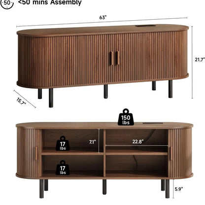 【Categoryselect】Onbrill Mid-Century Modern Wooden TV Stand - 55/63/69 In, Fluted Look, Power Outlets, Sliding Doors, Adjustable Shelves, Easy Assembly, for 60/70 in Tvs, Living Room Furniture Media Console TV Shelf