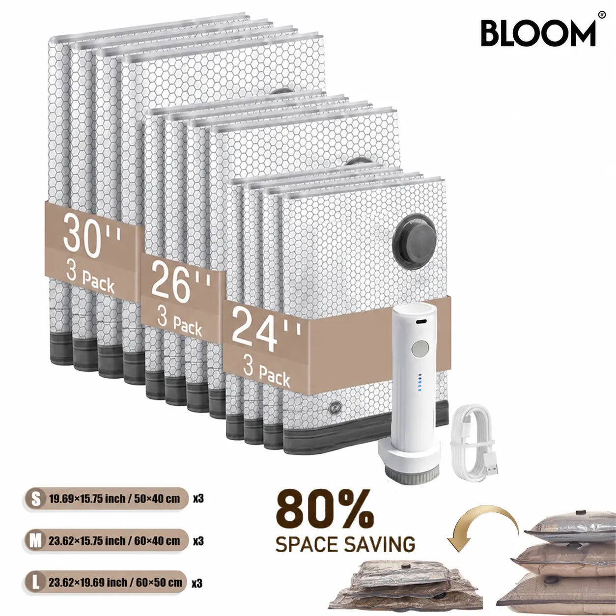 BLOOM LL [2026 Upgraded Edition] — 9/12/15/27-Piece Leak-Proof Vacuum Travel Storage Bag Set. Includes Rechargeable Cordless Electric Air Pump. Ideal for Clothing, Bedding, Luggage, Suitcases, and Moving Storage.