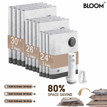 BLOOM LL [2026 Upgraded Edition] — 9/12/15/27-Piece Leak-Proof Vacuum Travel Storage Bag Set. Includes Rechargeable Cordless Electric Air Pump. Ideal for Clothing, Bedding, Luggage, Suitcases, and Moving Storage.