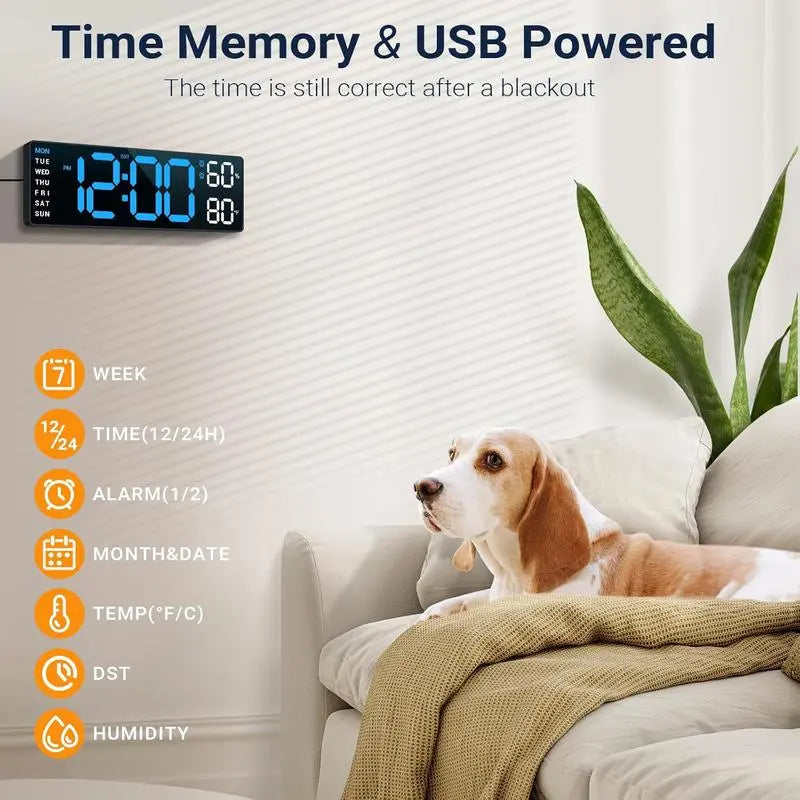 LED Digital Wall Clock with Mount and Switch - Dimmable Large Display, Countdown Timer, DST, Date, Week, Temperature - Modern Home Decor for Bedroom and Office - Ideal Gift for Mother's Day and Room Decor