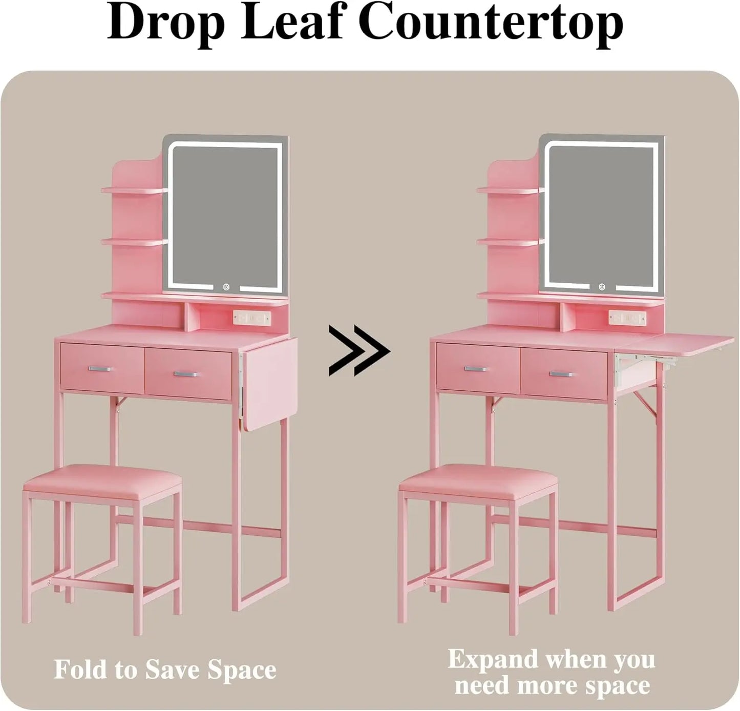 Makeup Vanity Desk with Mirror and Lights, Small Makeup Vanity with Fabric Storage Drawer & Chair & Shelves, Pink Vanity with Fold-Up Panel and Power Outlet for Bedroom