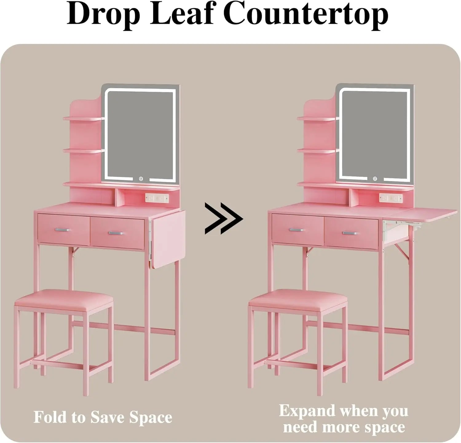 Makeup Vanity Desk with Mirror and Lights, Small Makeup Vanity with Fabric Storage Drawer & Chair & Shelves, Pink Vanity with Fold-Up Panel and Power Outlet for Bedroom