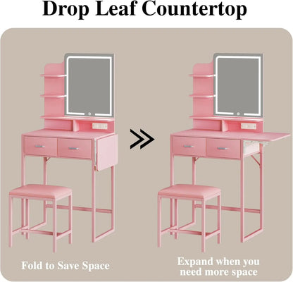 Makeup Vanity Desk with Mirror and Lights, Small Makeup Vanity with Fabric Storage Drawer & Chair & Shelves, Pink Vanity with Fold-Up Panel and Power Outlet for Bedroom