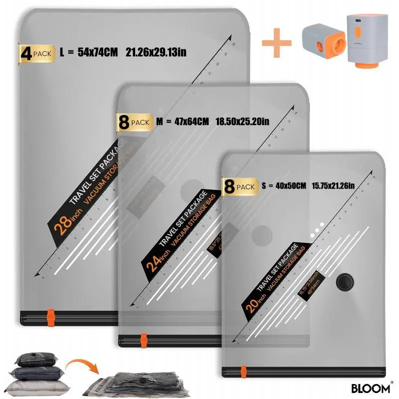 BLOOM LL [2026 Upgraded Edition] — 9/12/15/27-Piece Leak-Proof Vacuum Travel Storage Bag Set. Includes Rechargeable Cordless Electric Air Pump. Ideal for Clothing, Bedding, Luggage, Suitcases, and Moving Storage.