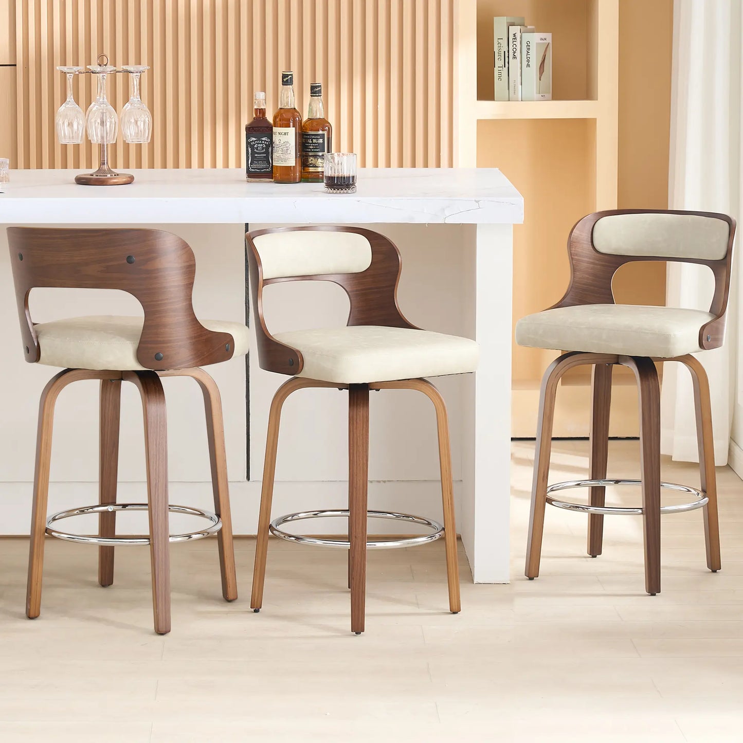 Counter Height Bar Stools Set - Mid-Century Modern Swivel Design with Bentwood Legs and Leather Upholstery, 360° Rotation, Available in Stylish Gray, Beige, Black, and White for Kitchen, Home Bar, or Restaurant