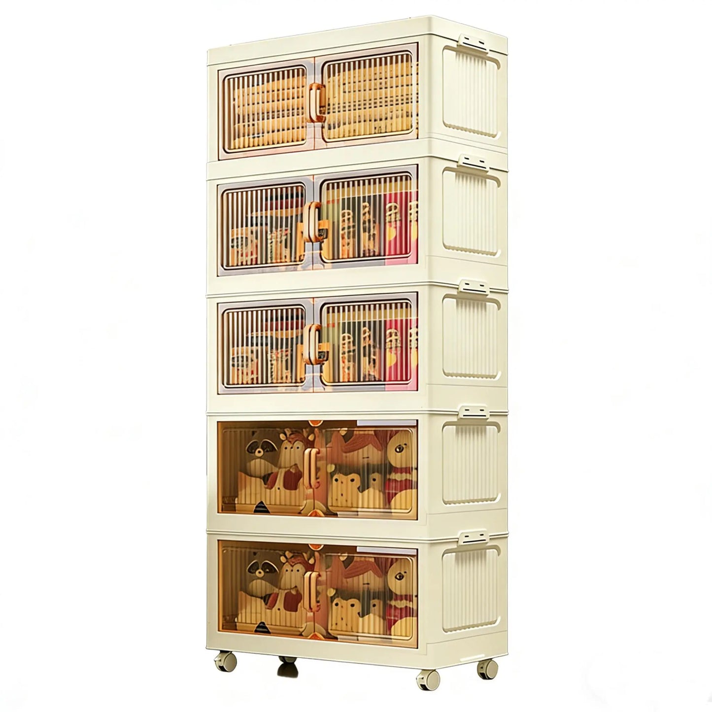 5 Tier Folding Storage Containers with Wheels, Stackable Collapsible Plastic Bins, Durable Organizer for Kitchen Pantry and Closet
