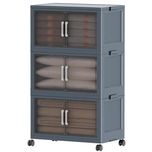 5 Tier Folding Storage Containers with Wheels, Stackable Collapsible Plastic Bins, Durable Organizer for Kitchen Pantry and Closet