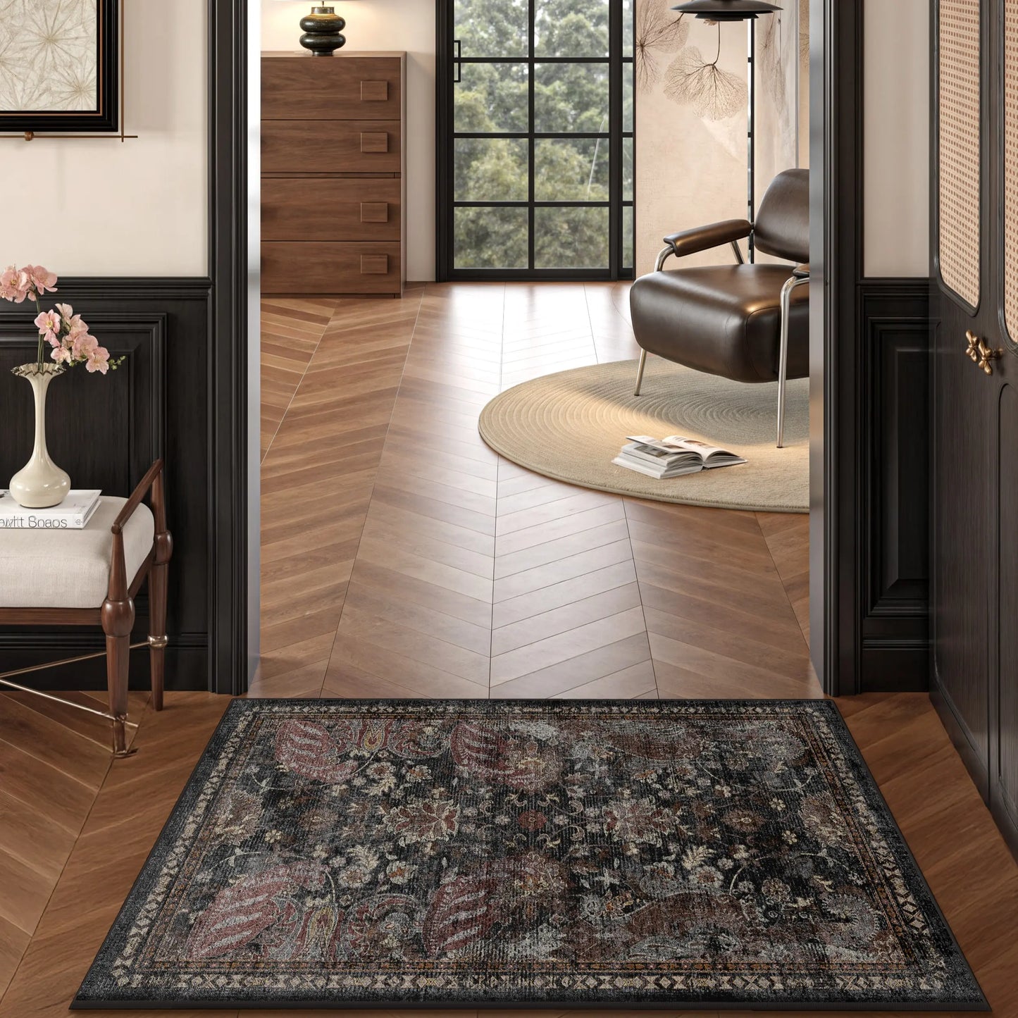 Large Black Persian-Style Living Room Rug, Exquisitely Patterned Faux Cashmere, Soft, Slip-Resistant, Durable, Machine Washable - Ideal for Living Rooms, Bedrooms, Dorms, Entryways, and Home Decor