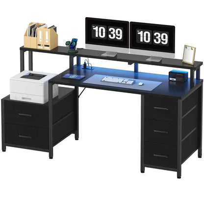 Sweetcrispy 67'' Computer Gaming Desk with 5-Drawer Storage, Monitor Stand, LED Lights, Power Outlets and Printer Cabinet