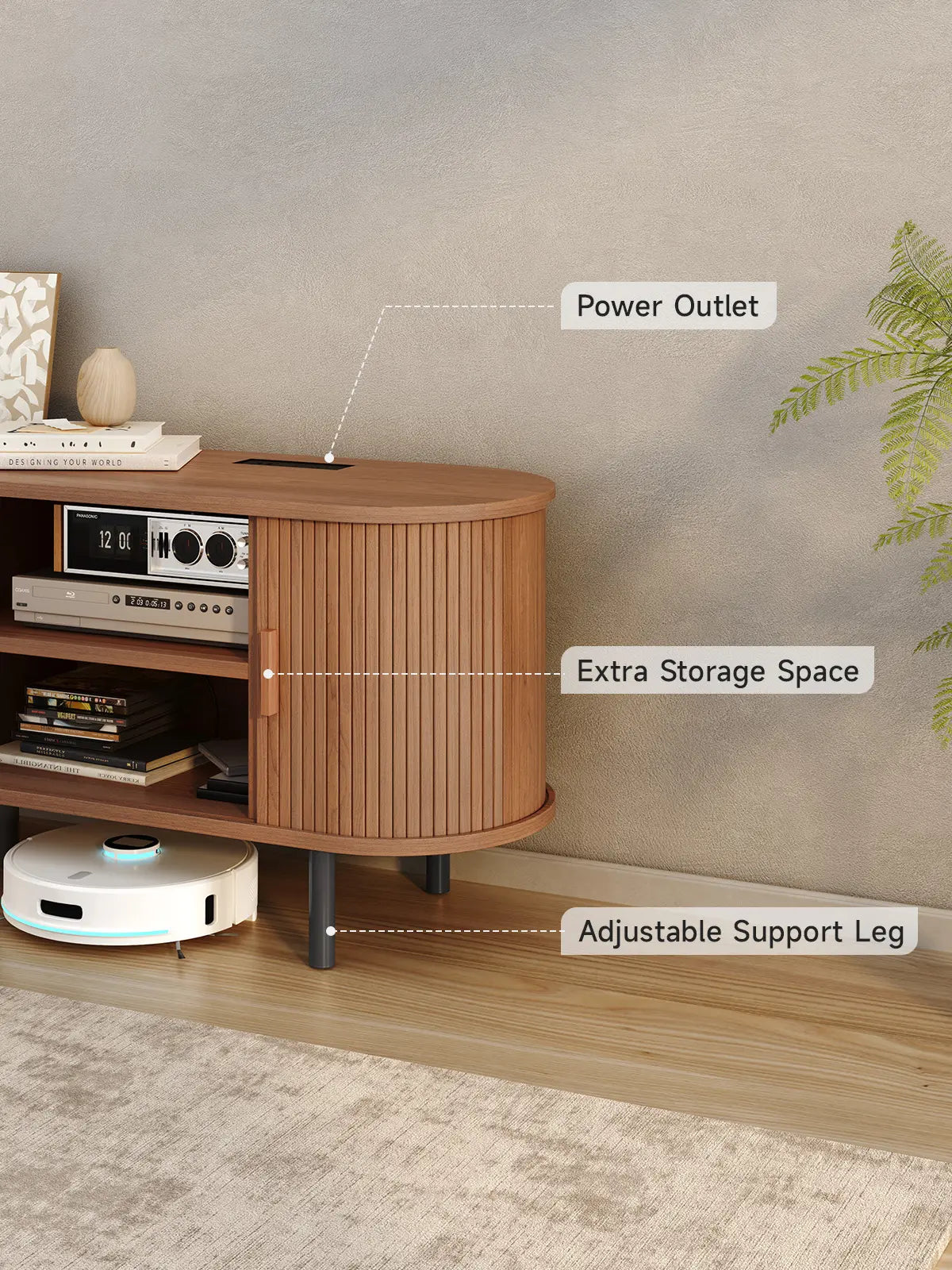 【Categoryselect】Onbrill Mid-Century Modern Wooden TV Stand - 55/63/69 In, Fluted Look, Power Outlets, Sliding Doors, Adjustable Shelves, Easy Assembly, for 60/70 in Tvs, Living Room Furniture Media Console TV Shelf