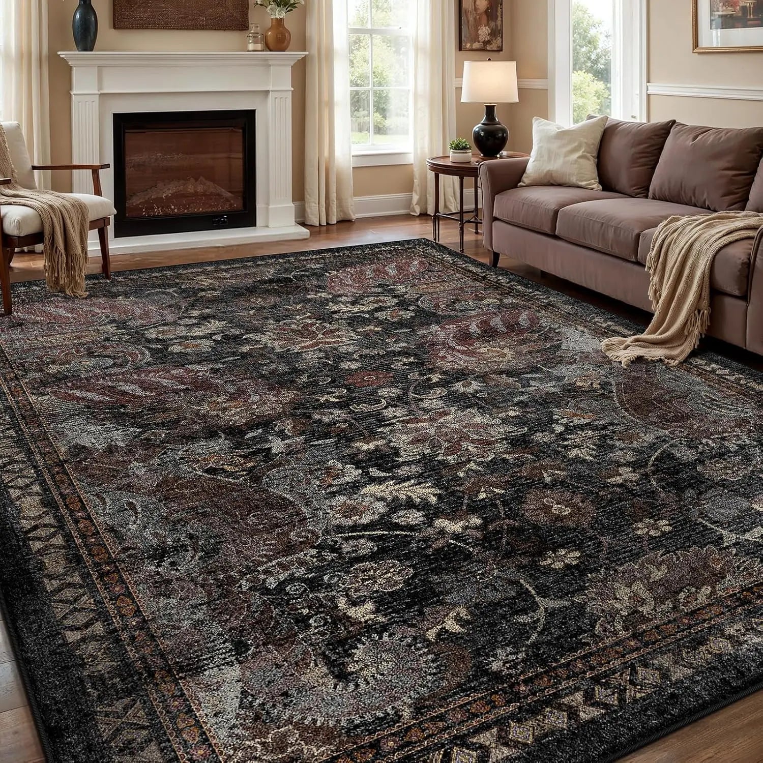 Large Black Persian-Style Living Room Rug, Exquisitely Patterned Faux Cashmere, Soft, Slip-Resistant, Durable, Machine Washable - Ideal for Living Rooms, Bedrooms, Dorms, Entryways, and Home Decor
