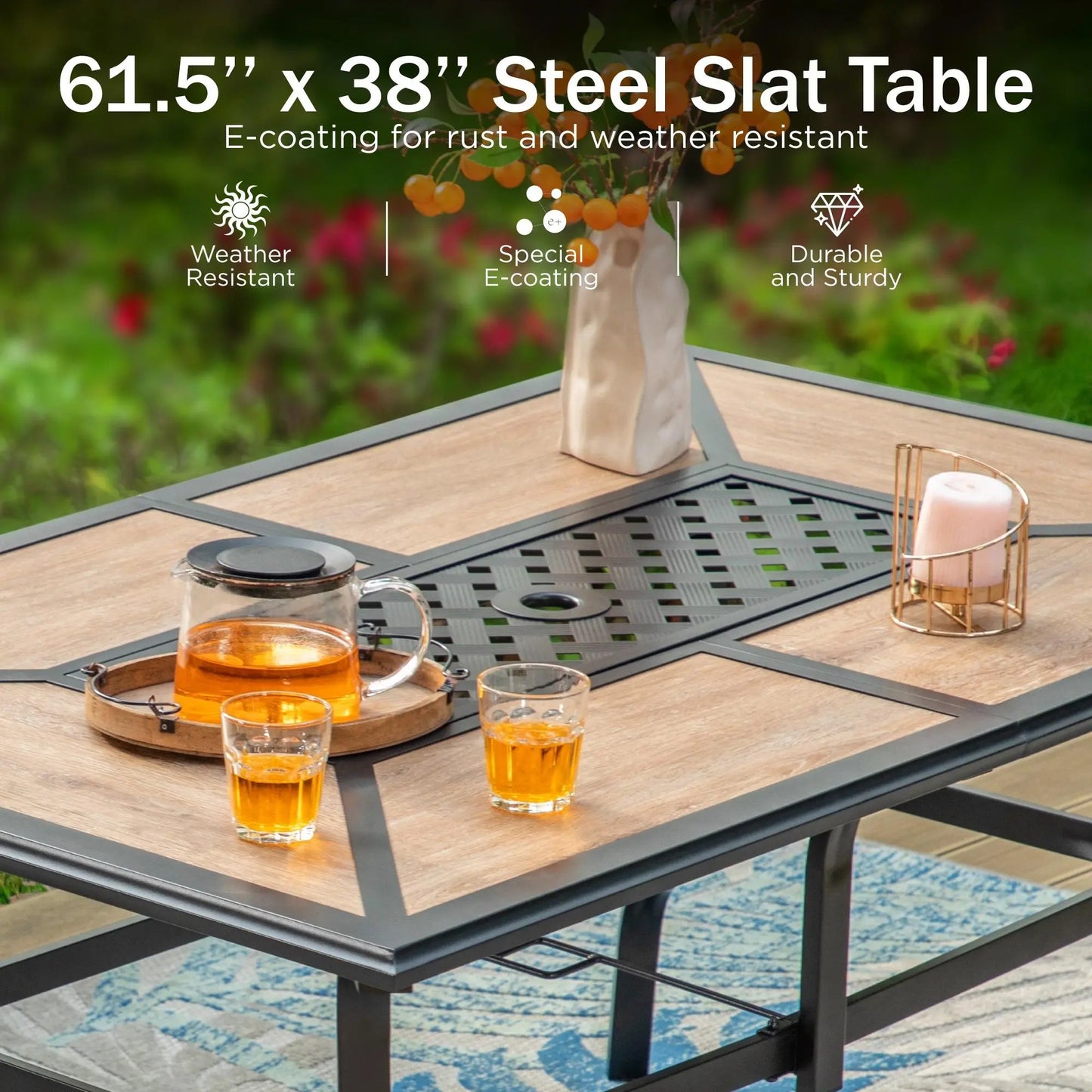 Phivilla Rectangular Outdoor Dining Table Set with 1.6"-2" Adjustable Umbrella Hole, 6 Person Patio Table for Outdoor, Rectangle Patio Table with Faux Wood Tabletop and Metal Steel Frame