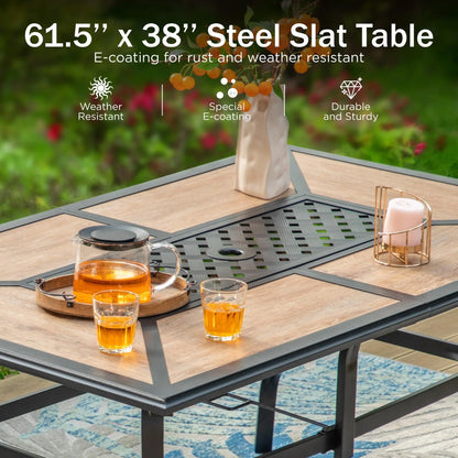 Phivilla Rectangular Outdoor Dining Table Set with 1.6"-2" Adjustable Umbrella Hole, 6 Person Patio Table for Outdoor, Rectangle Patio Table with Faux Wood Tabletop and Metal Steel Frame