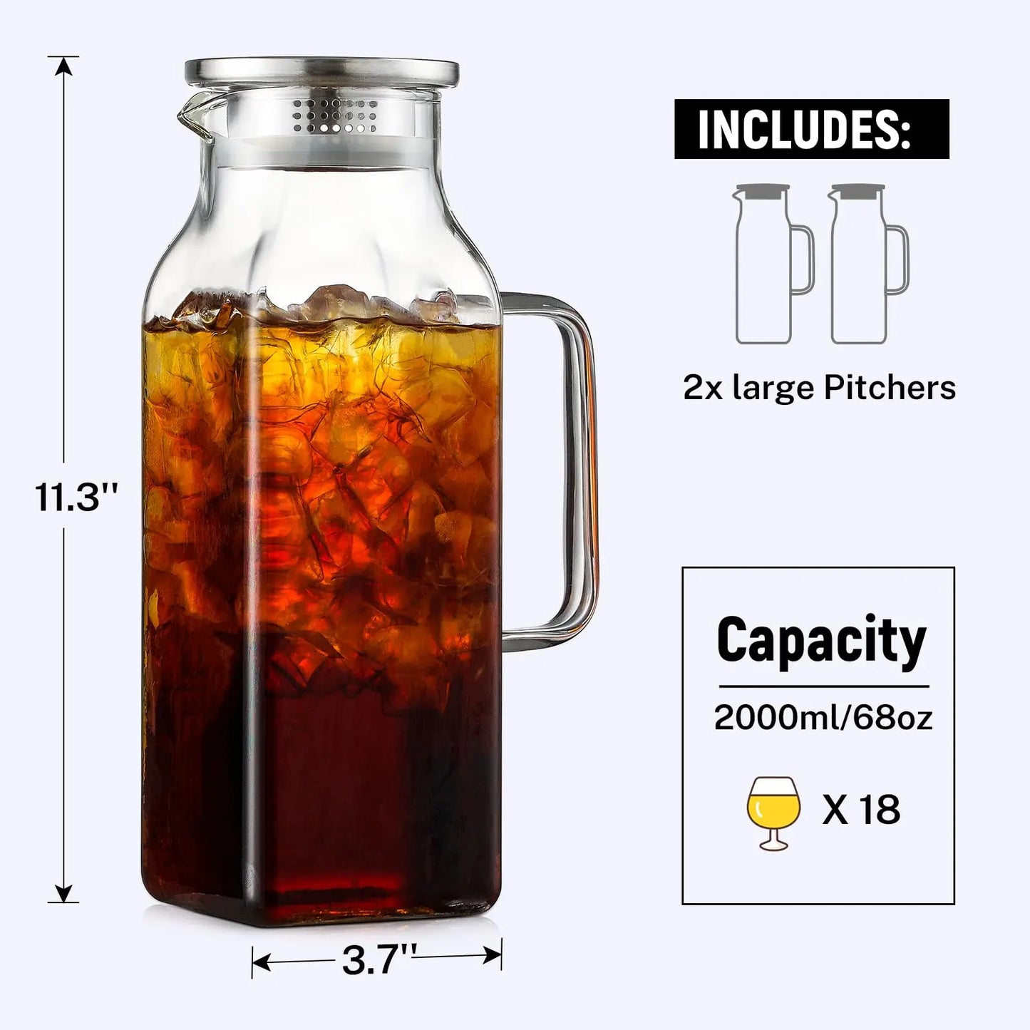 2 Quart Square Borosilicate Glass Pitcher with Lid and Spout, Ideal for Iced Tea, Coffee, Juice, and Milk, Features Handle for Easy Pouring, Suitable for Hot and Cold Beverages