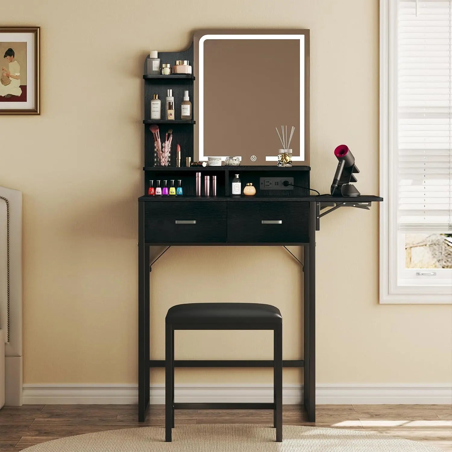 Makeup Vanity Desk with Mirror and Lights, Small Makeup Vanity with Fabric Storage Drawer & Chair & Shelves, Pink Vanity with Fold-Up Panel and Power Outlet for Bedroom