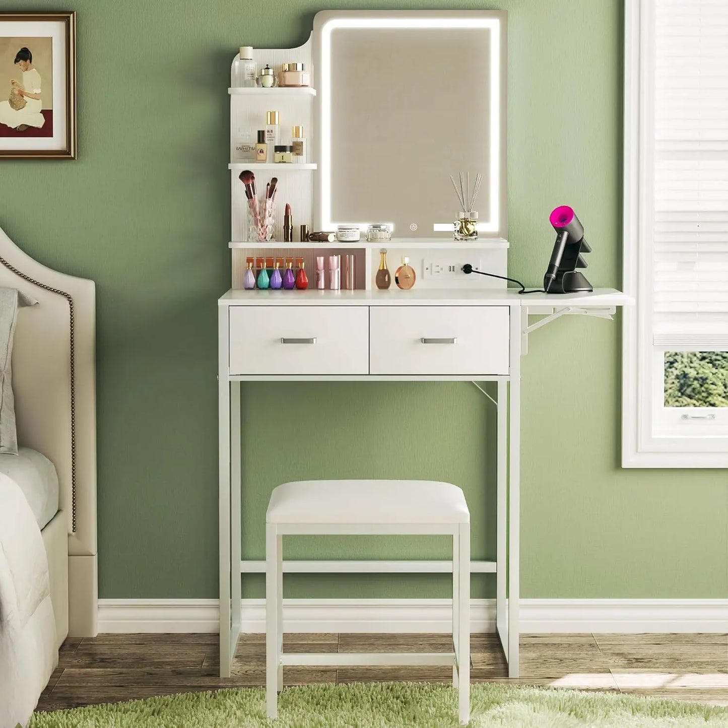 Makeup Vanity Desk with Mirror and Lights, Small Makeup Vanity with Fabric Storage Drawer & Chair & Shelves, Pink Vanity with Fold-Up Panel and Power Outlet for Bedroom