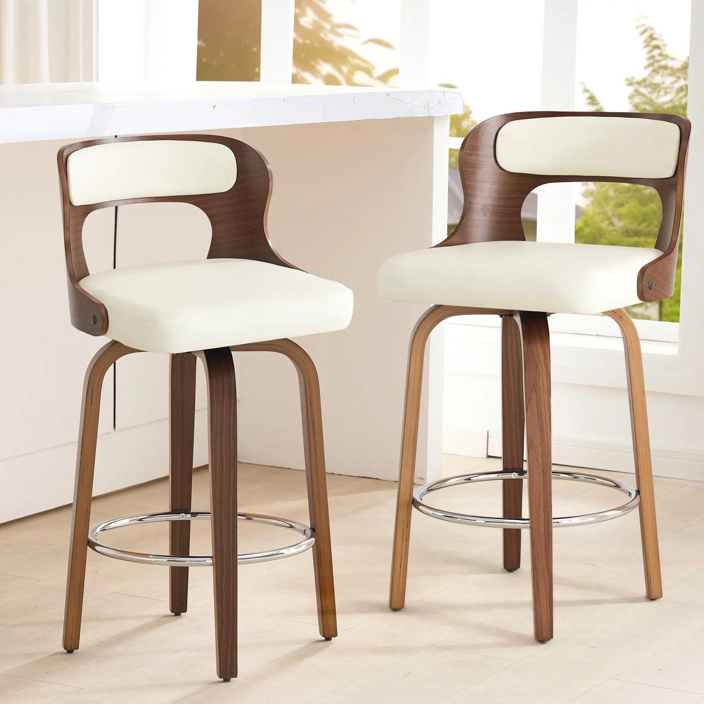 Counter Height Bar Stools Set - Mid-Century Modern Swivel Design with Bentwood Legs and Leather Upholstery, 360° Rotation, Available in Stylish Gray, Beige, Black, and White for Kitchen, Home Bar, or Restaurant