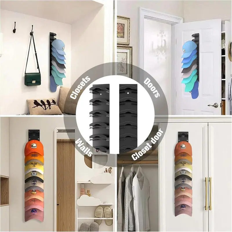 Summervibes-Hat Organizer for Baseball Caps 2Pack, Hat Rack for Wall with Strong Adhesive Hold up to 20 Hats, Hat Hanger Holder Display for Door Closet, Cap Organizer Storage Multilayer Two Mounting Option Wall-Mounted Multilayer Adjustable Hat Hooks
