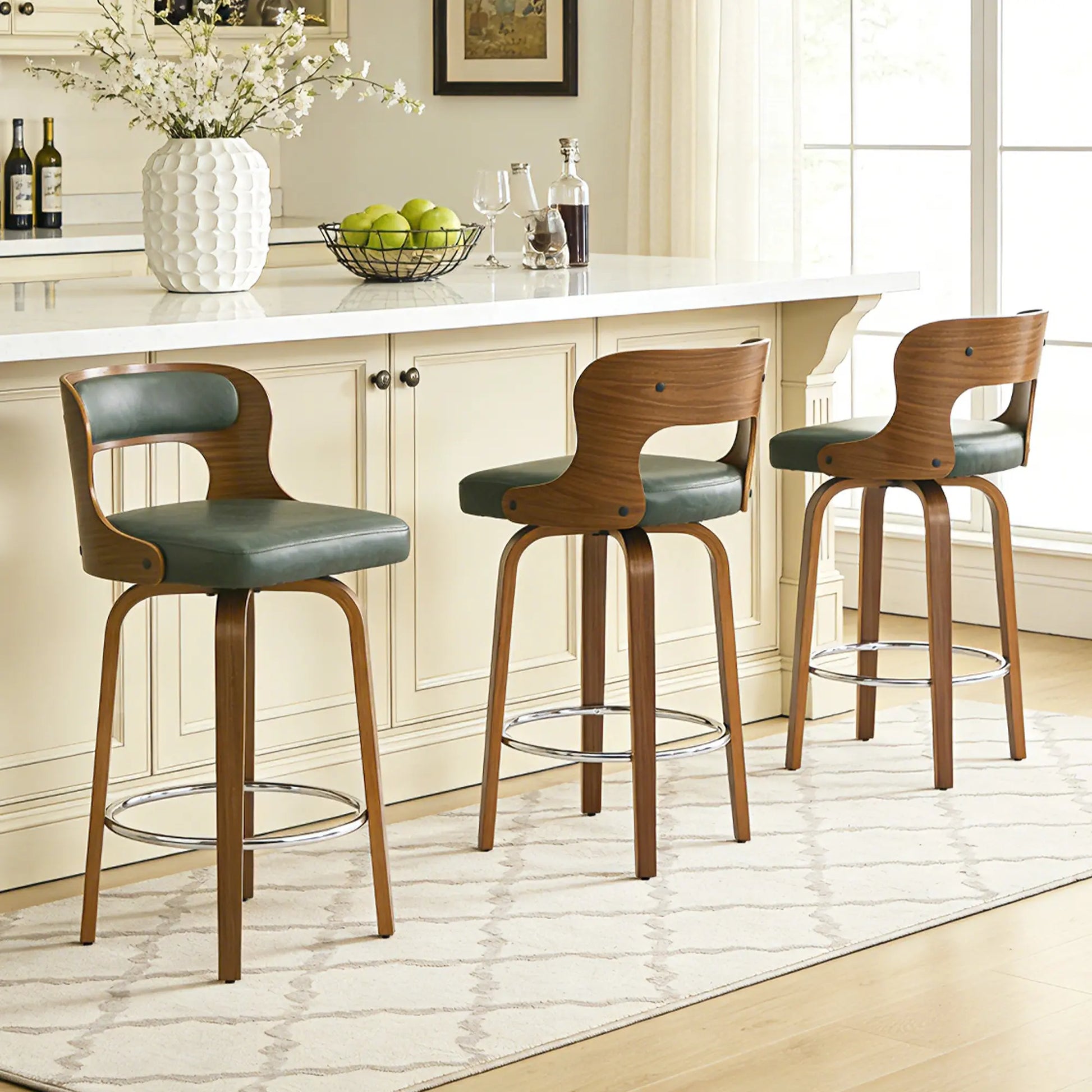 Counter Height Bar Stools Set - Mid-Century Modern Swivel Design with Bentwood Legs and Leather Upholstery, 360° Rotation, Available in Stylish Gray, Beige, Black, and White for Kitchen, Home Bar, or Restaurant