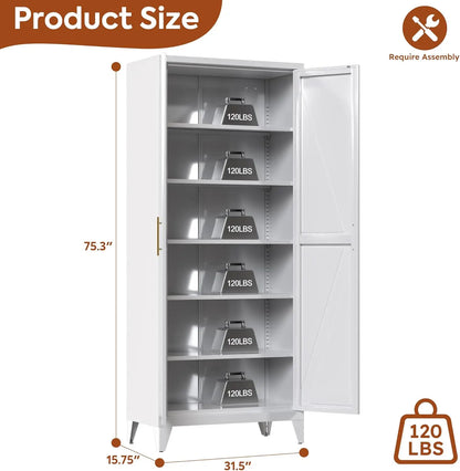 75" H Metal Pantry Storage Cabinet with Doors,Farmhouse Kitchen Pantry Cabinet with 5 Adjustable Shelves for Kitchen, Living Room,Assemble Required,White,15.75" D X 31.5" W X 75.3" H