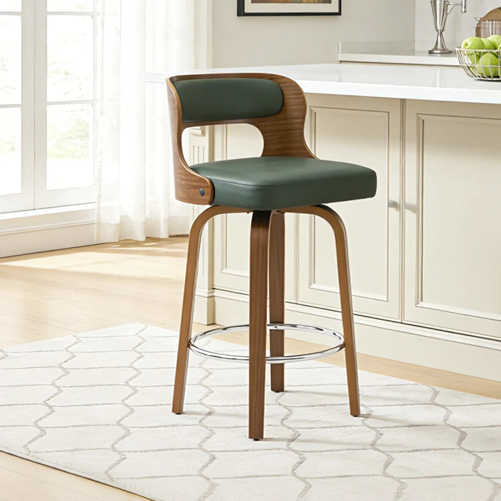 Counter Height Bar Stools Set - Mid-Century Modern Swivel Design with Bentwood Legs and Leather Upholstery, 360° Rotation, Available in Stylish Gray, Beige, Black, and White for Kitchen, Home Bar, or Restaurant