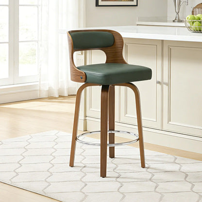 Counter Height Bar Stools Set - Mid-Century Modern Swivel Design with Bentwood Legs and Leather Upholstery, 360° Rotation, Available in Stylish Gray, Beige, Black, and White for Kitchen, Home Bar, or Restaurant