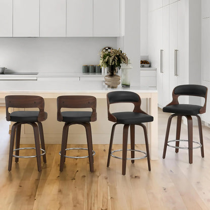 Counter Height Bar Stools Set - Mid-Century Modern Swivel Design with Bentwood Legs and Leather Upholstery, 360° Rotation, Available in Stylish Gray, Beige, Black, and White for Kitchen, Home Bar, or Restaurant