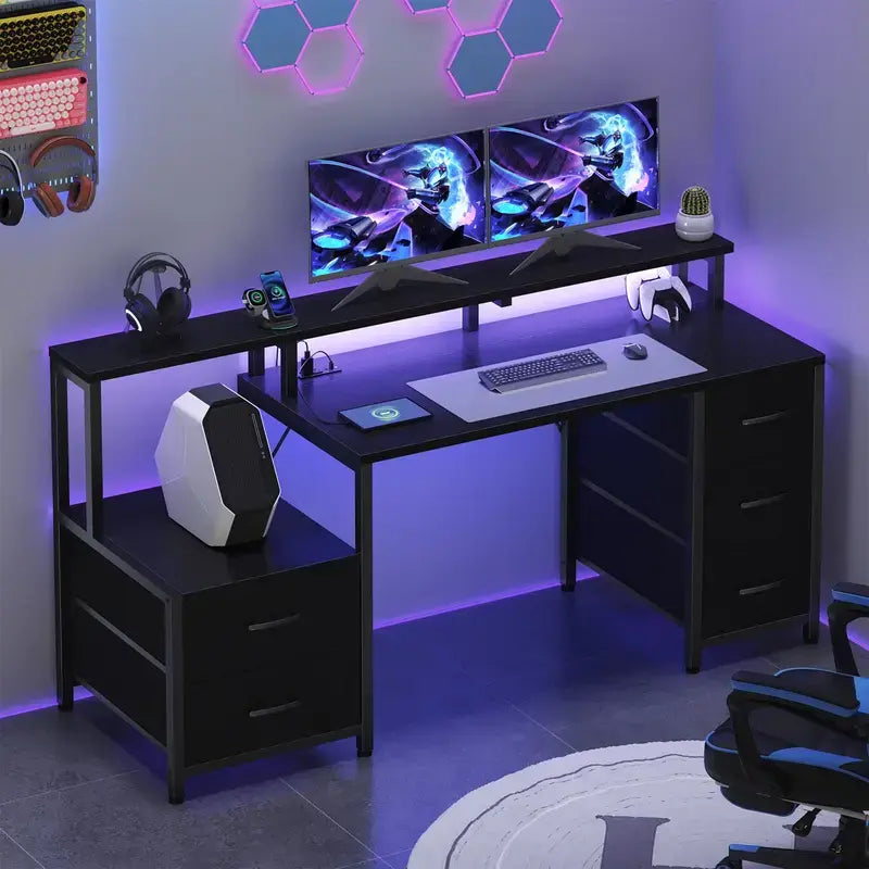 Sweetcrispy 67'' Computer Gaming Desk with 5-Drawer Storage, Monitor Stand, LED Lights, Power Outlets and Printer Cabinet