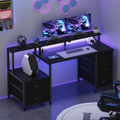 Sweetcrispy 67'' Computer Gaming Desk with 5-Drawer Storage, Monitor Stand, LED Lights, Power Outlets and Printer Cabinet