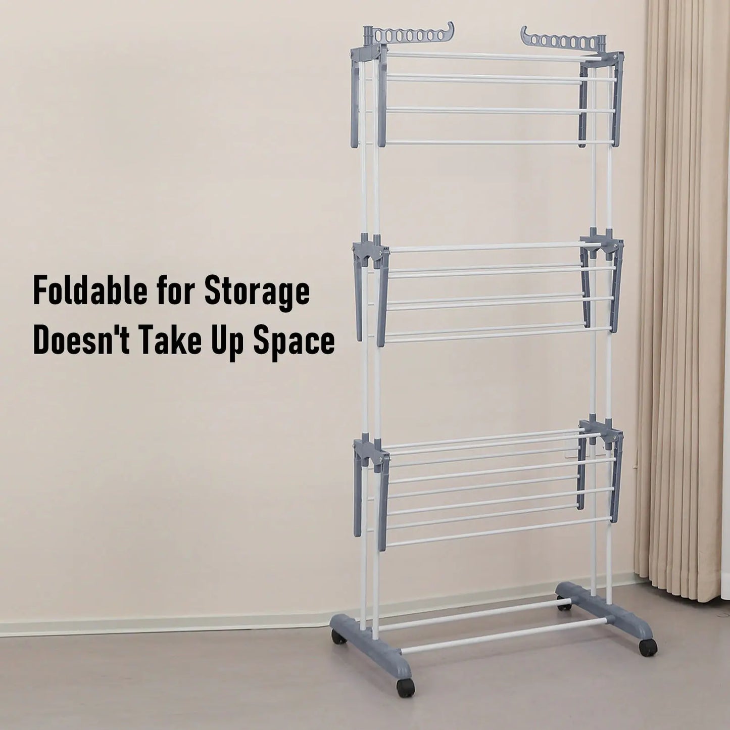 Oversized 4 Tier Clothes Drying Rack 66.93In High Foldable Stainless Steel Laundry Drying Rack with 4 Castors 24 Pillars 14 Hooks for Bed Linen Rolling Organizer
