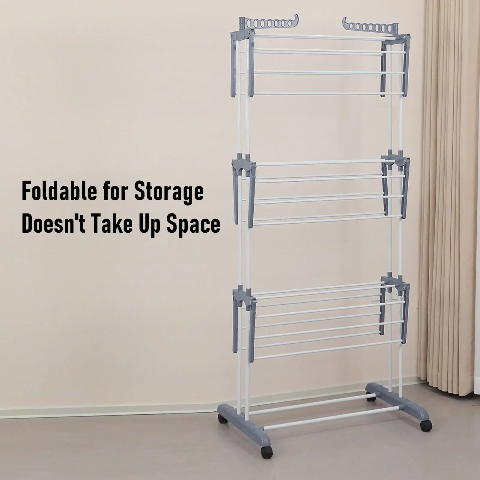 Oversized 4 Tier Clothes Drying Rack 66.93In High Foldable Stainless Steel Laundry Drying Rack with 4 Castors 24 Pillars 14 Hooks for Bed Linen Rolling Organizer