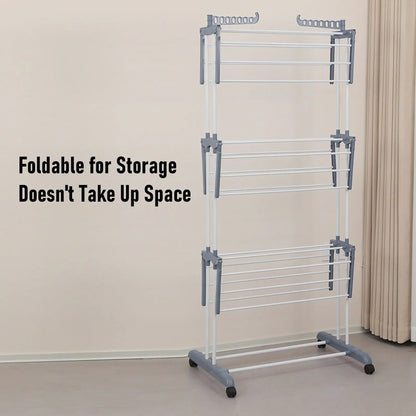 Oversized 4 Tier Clothes Drying Rack 66.93In High Foldable Stainless Steel Laundry Drying Rack with 4 Castors 24 Pillars 14 Hooks for Bed Linen Rolling Organizer